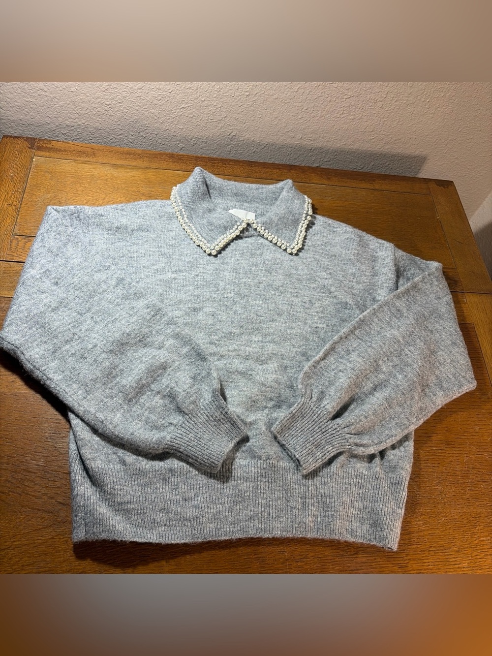 H&M Light Gray Pearl-Trim Collar Crewneck Sweater